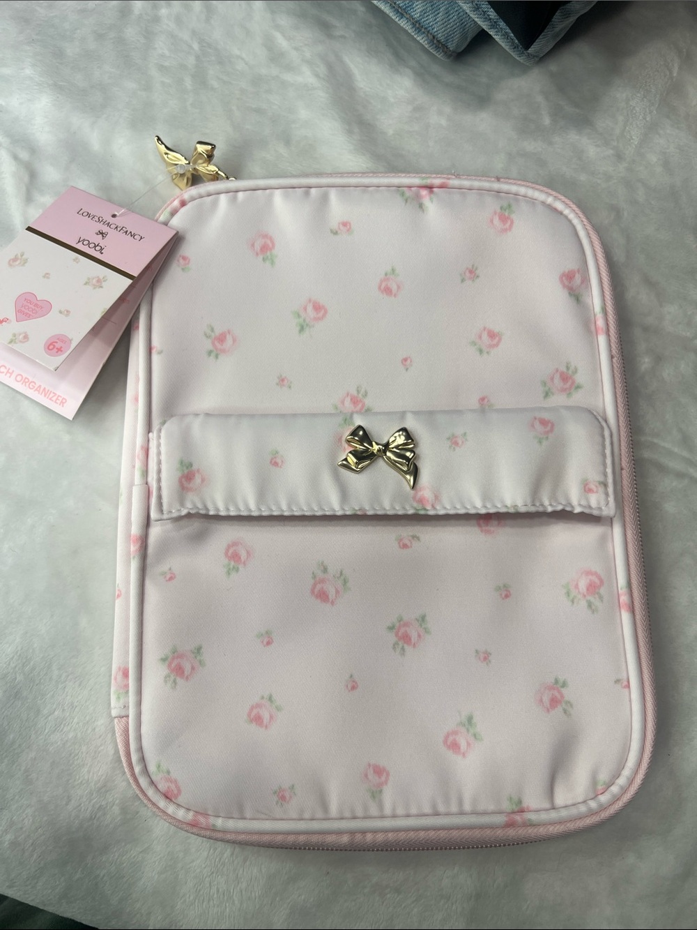 LoveShackFancy Pink Floral Kids Accessories Organizer with Gold Bow
